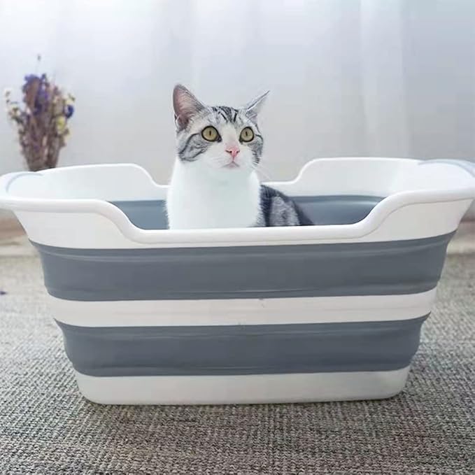 Collapsible Pet Bathtub, 7.1 Gal (27L) - Foldable Bathing Tub with Drain Plug for Dogs & Cats Under 30 lbs - Multi-Use as Laundry Basket, Storage Organizer, Camping Sink (Grey)