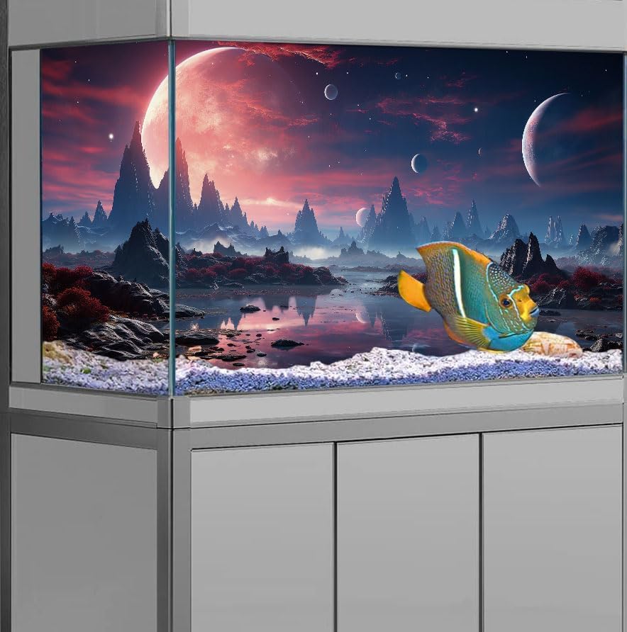 36X24IN Cosmic Spaceterrarium Background, Cool Parallel Space Themed Aquarium Reptile Habitat Background, Red Moon Aquarium Background with 10EVA Double-Sided Tape