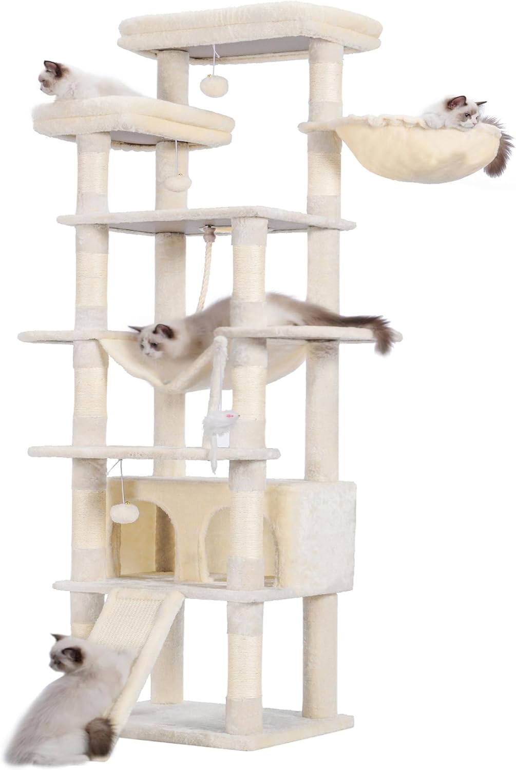 Heybly Tall Cat Tree, 78-inch Multi-Level Cat Tower for Indoor Cats, 2 Widened Plush Perches Cat Condo with Scratching Board and Big Caves, Beige HCT033M