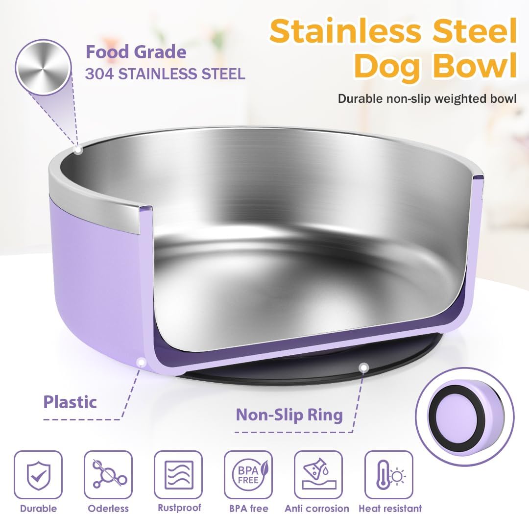 IKITCHEN Dog Bowl for Food and Water, 40 Oz Stainless Steel Pet Feeding Bowl, Durable Non-Skid Insulated Heavy Duty with Rubber Bottom for Medium Large Dogs (40 Ounces/5 Cup, Light Purple)