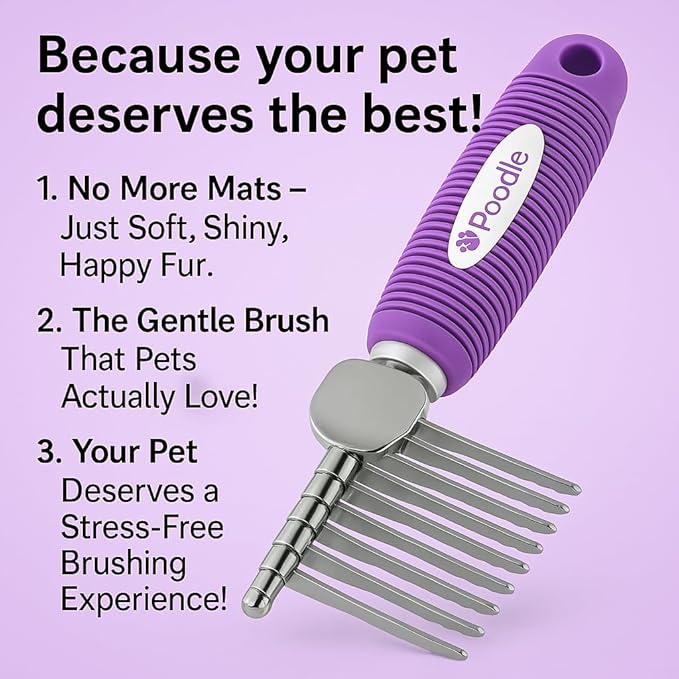 Poodle Dematting Fur Rake Comb Brush for Dogs and Cats - Long 2.5" Steel Safety Blades Metal Comb for Detangling Matted or Knotted Undercoat Hair