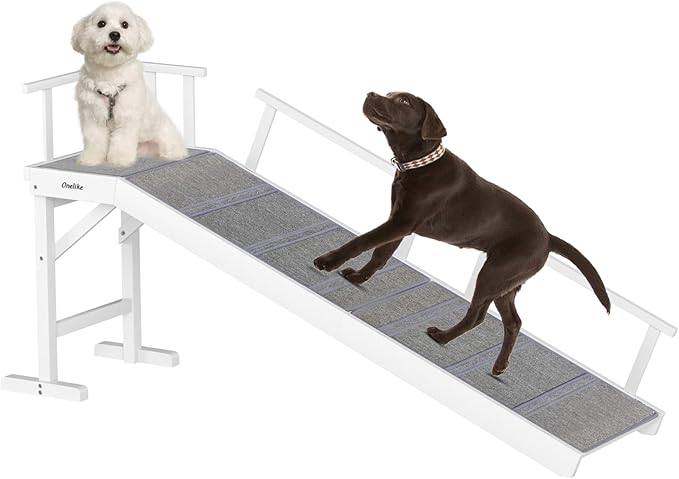 Onelike Wooden Dog Ramp for Bed with Removable Side Rail and Non-Slip Carpet, Stable Pet Ramp Stair for Couch Sofa for Small & Large & Senior Dogs, 60" Long Ramp White