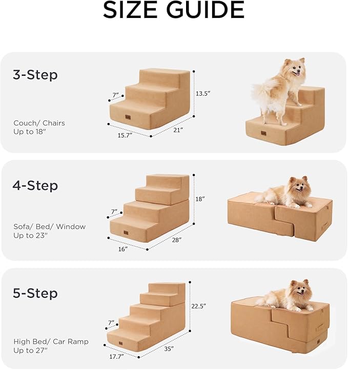 Made4Pets Dog Stairs for Small Dogs, Extra Wide Dog Steps for Bed Couch Sofa and Chair, 35D Foam Pet Steps for Small Dogs and Cats, Non-Slip Bottom Pet Stairs, Tan, 3 Steps
