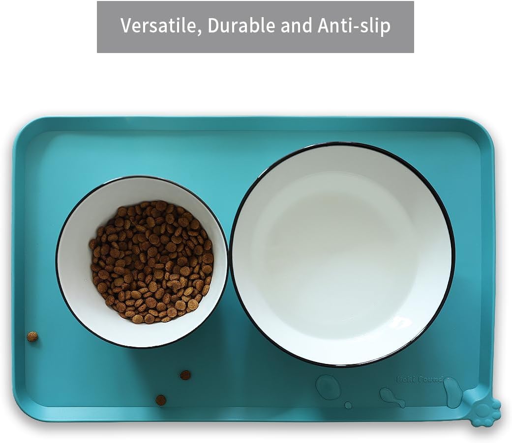 Hoki Found Silicone Pet Food Mats Tray - Non Slip Cat & Dog Bowl Mats - Waterproof & Pet-Friendly for Carpet - Glacier