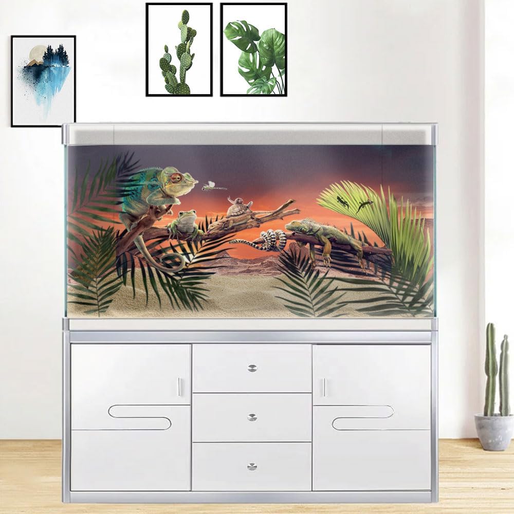 24X12IN Sun and Desert Moon Themed Reptile Habitat on Orange Durable Decorative Background, Terrarium Background with 10EVA Double-Sided Tape