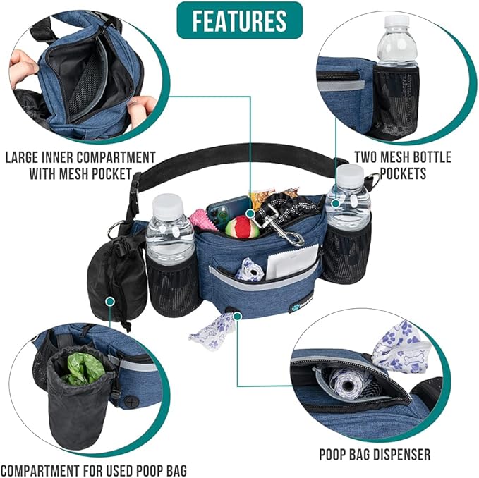 PetAmi Dog Fanny Pack, Treat Pouch for Dog Walking, Training, Built in Poop Bag Dispenser, Water Bottle Holder, Collapsible Bowl, Pet Treat Waist Belt for Hiking, Running, Kibbles (Navy Blue)