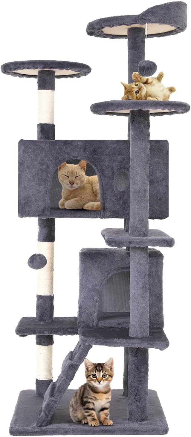 54.7 inches Cat Tower for Indoor Cats Multi-Level Cat Condos for Cat Tree Cat Climbing Tower with Scratching Posts, Hanging Toys,Ashy
