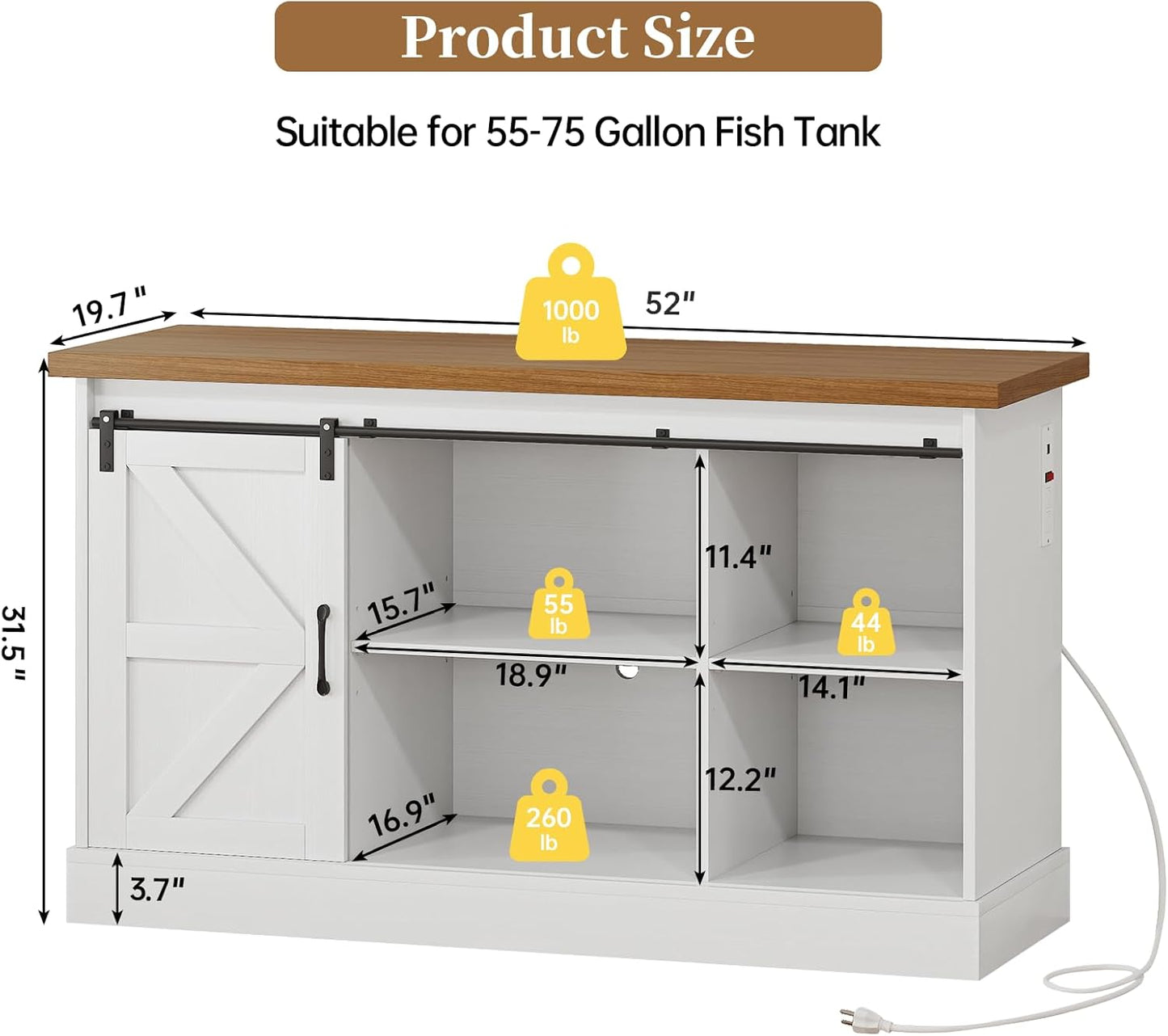 55-75 Gallon Fish Tank Stand with Sliding Barn Doors & Power Outlet, Heavy Duty Aquarium Stand with Cabinet Storage for Fish Tank, Turtle Tank, Reptile Terrarium, 1000LBS Capacity, White