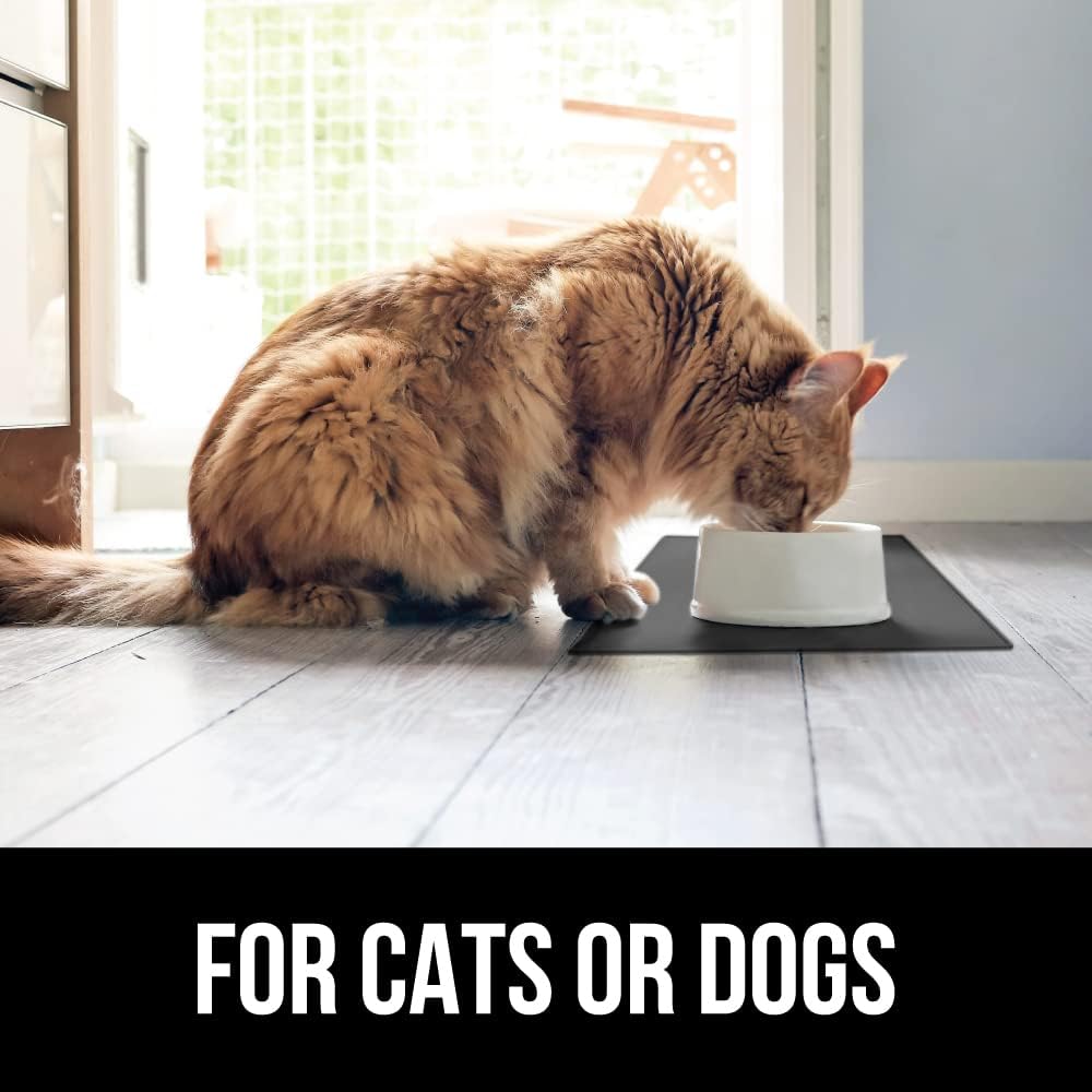 GORILLA GRIP 100% Waterproof Raised Edge BPA Free Silicone Pet Feeding Mat, Dog Cat Food Mats Contain Spills Protects Floors, Placemats for Cats and Dogs Water Bowl, Pets Accessories 16x10, Charcoal