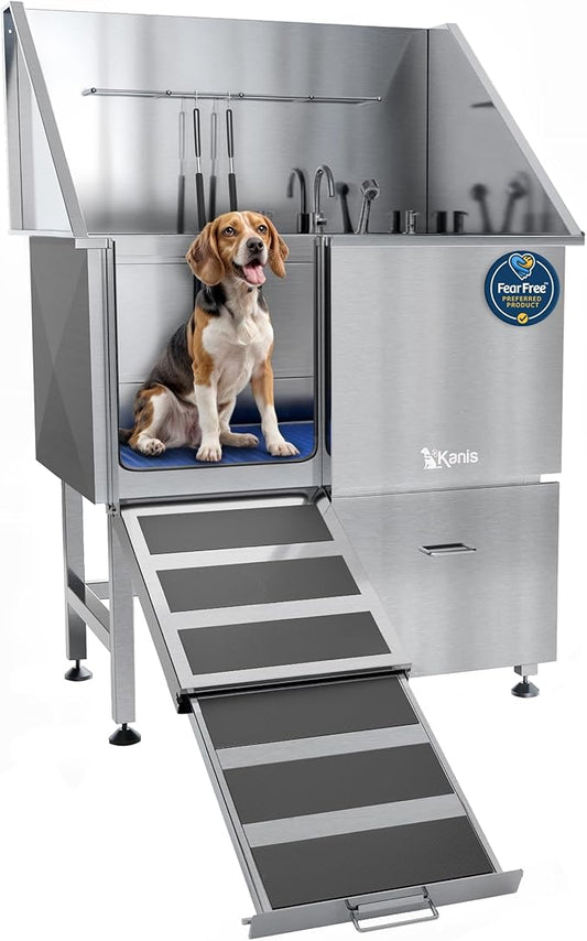 KANIS Professional Dog Washing Station - 304 Stainless Steel Pet Wash Sink & Grooming Bath Tub for Home with Ramp, Shower, Floor Grate, Storage Drawer, Faucet, Drain Kit for Large, Medium & Small Pets