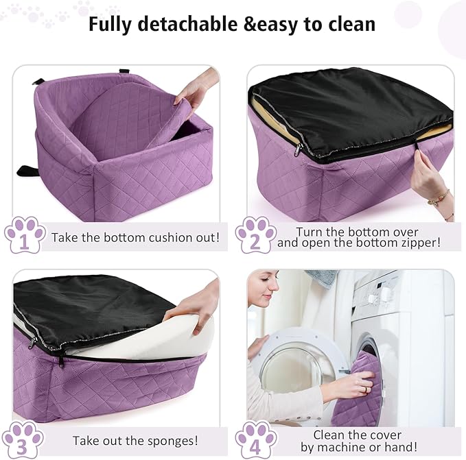 Dog Car Seat for Small Medium Dogs,Detachable Washable Dog Booster Seat Under 30lbs, Pet Car Seats Travel Bed with Storage Pockets and Safety Belt (Purple)