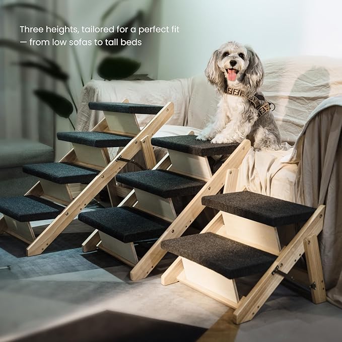MEWANG Wood Pet Stairs & Ramp for Small/Medium Dogs and Cats, Aging Pets – 3-in-1 Foldable, Portable, Non-Slip Pet Ladder for Tall Beds, Couches,Cars–Holds Up to 220 lbs (31.5" L x 17.2" W x 25.0" H)