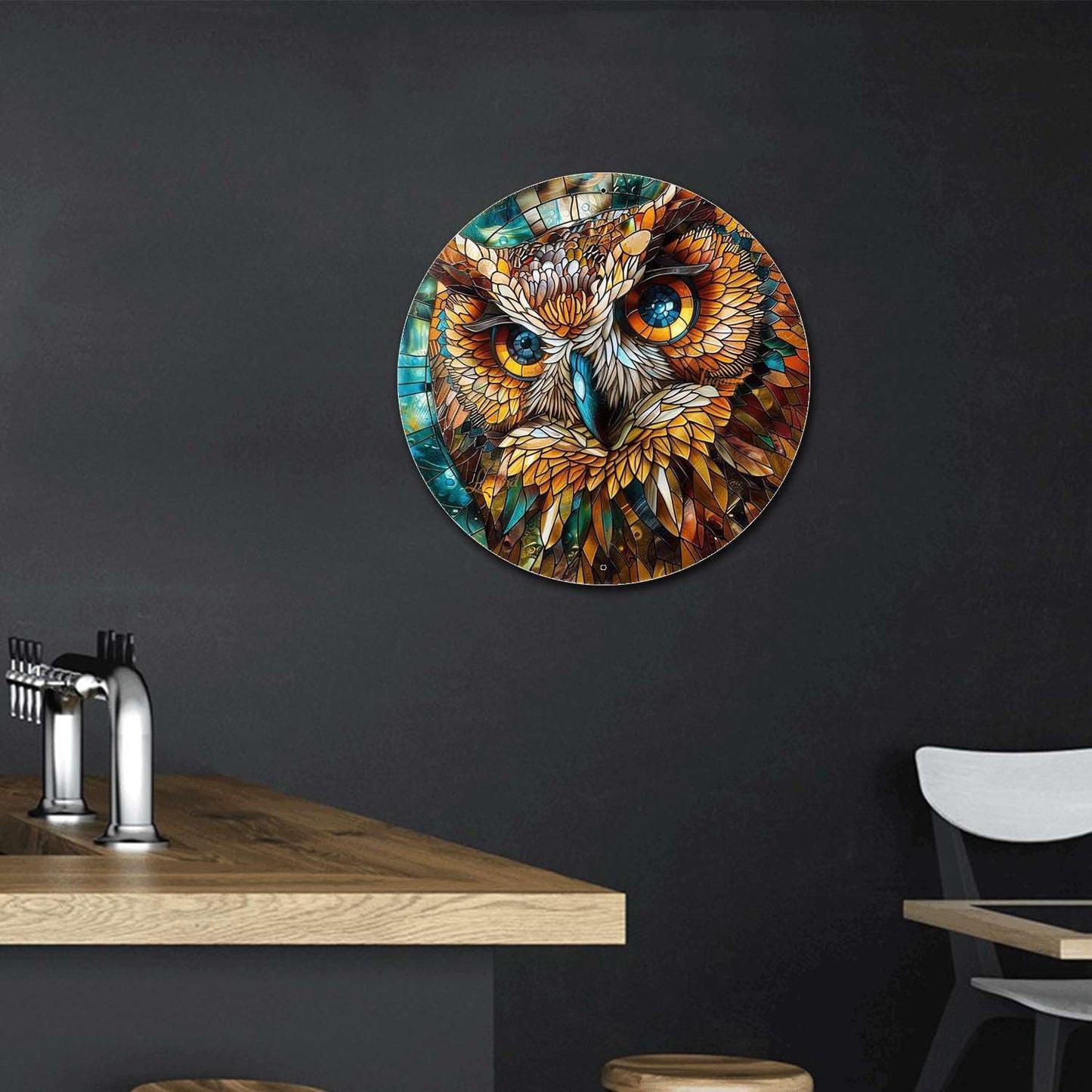 Lygond Metal Sign Tin Sign Circular Stained Glass Owl Bathroom Signs Decor For Home Decor 8×8 Inches