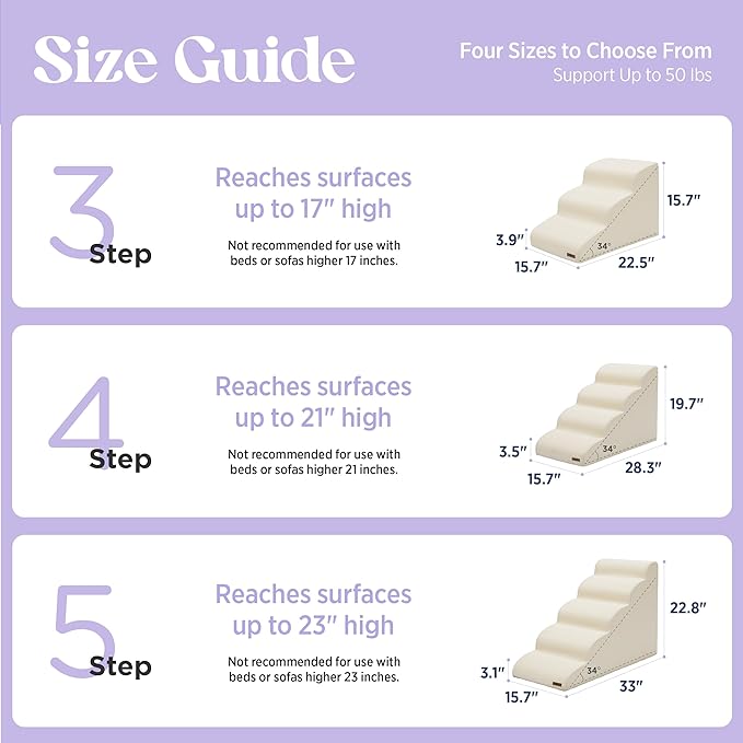 Lesure Dog Stairs for Small Dogs and Cats Pet Steps Ramp for Bed and Couch with CertiPUR-US Certified Foam with Non-Slip Bottom, Beige, 3 Steps