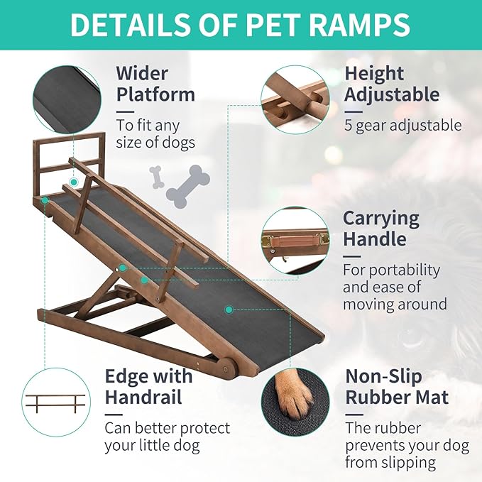 Dog Ramp, 5 Level Adjustable Height Folding Pet Ramp for High Bed, Portable Paw Ramps Large Bed Ramp for Medium & Large Old Dogs & Cats - Natural Wood Furniture Quality