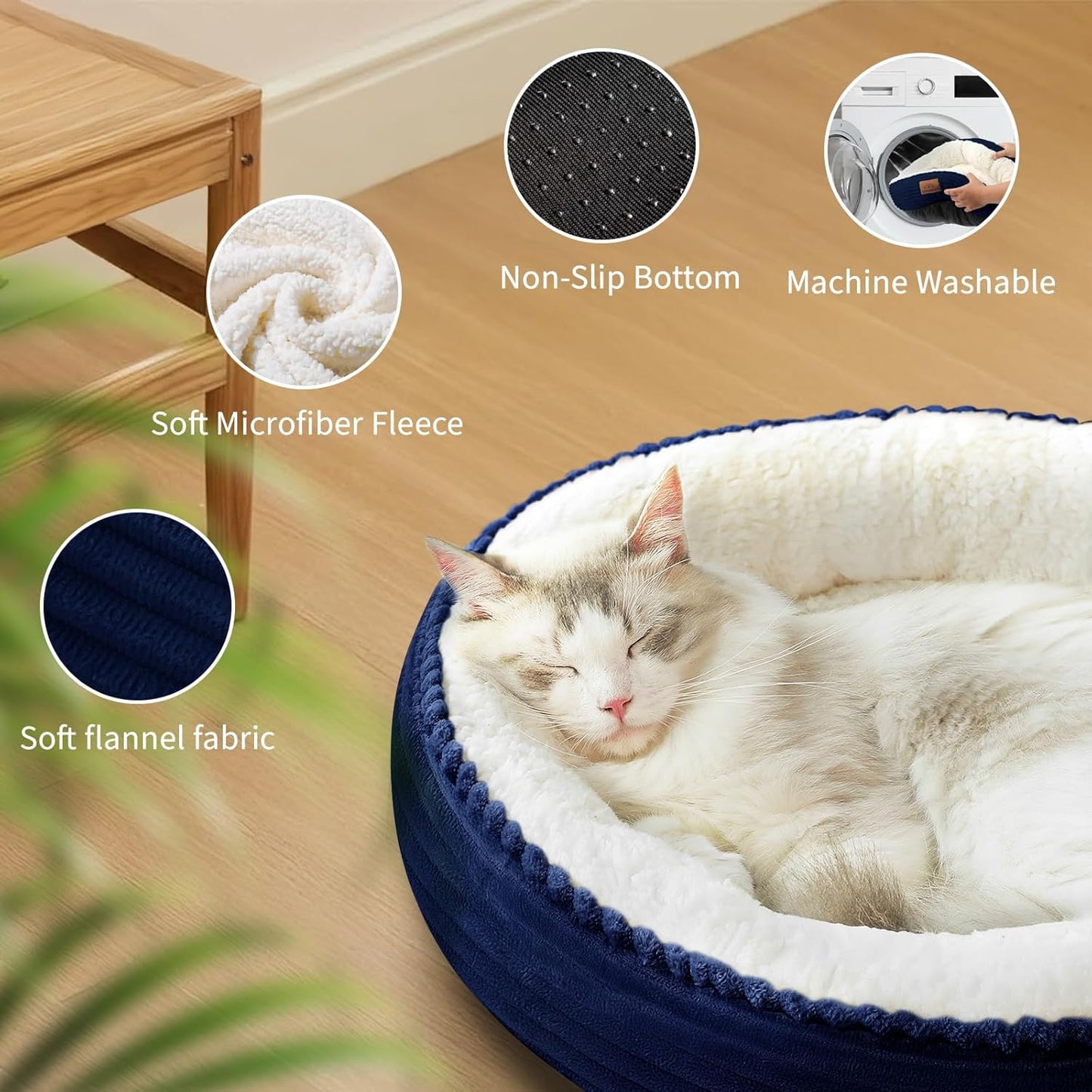 23in Round Cat Dog Bed for Large Medium Small Dogs Cats, Machine Washable Sleeping Sofa, Non-Slip Bottom Breathable Soft Calming Pet Cuddler for Indoor/Outdoor/Car/Cage, Navy Blue