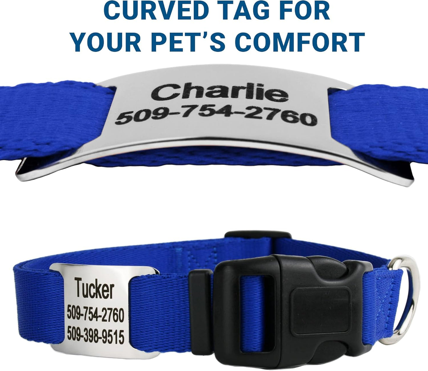 GoTags Personalized Dog Collar with Nameplate, Adjustable Dog Collar with Custom Engraved Slide On Pet ID Tag in Stainless Steel, Silent, No Noise Dog Tag for Large Medium and Small (Blue, X-Small)