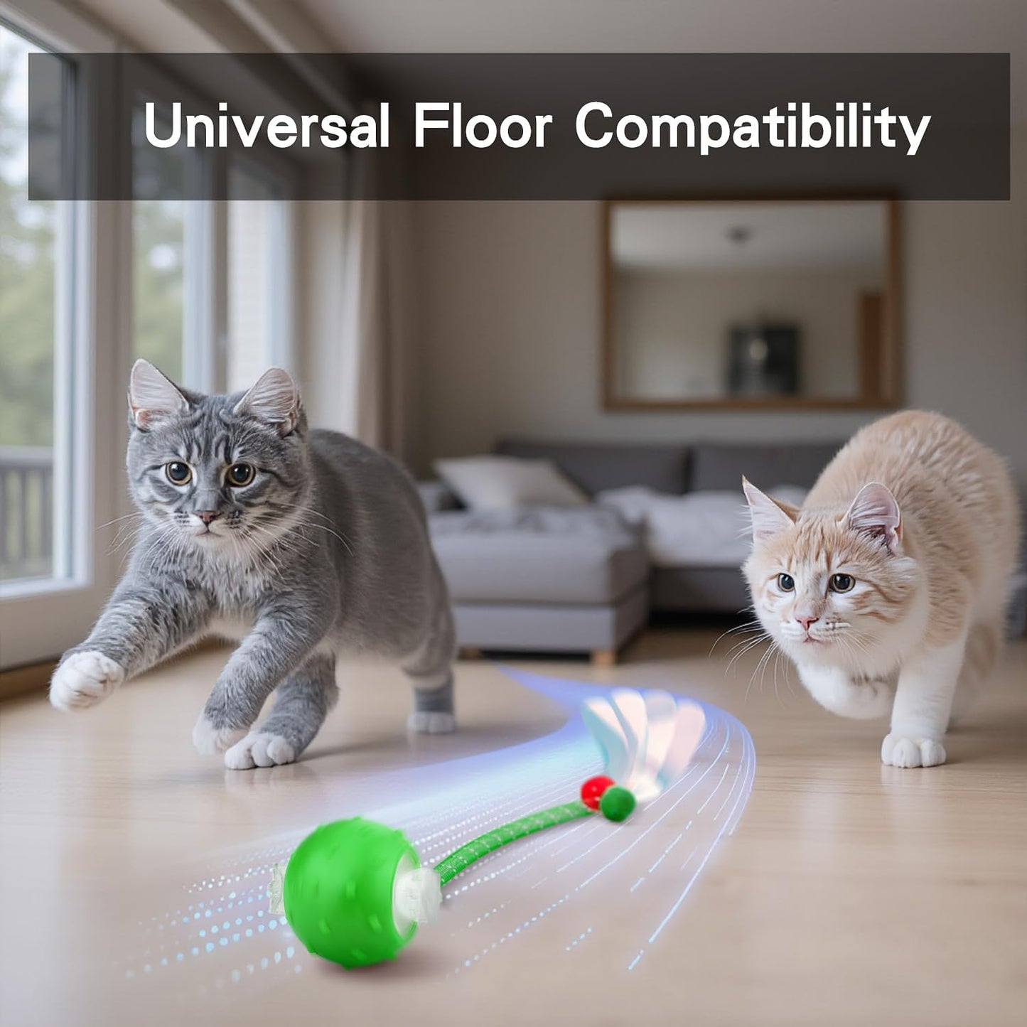 Interactive Cat Toys Ball for Indoor Cats, Automatic Agile Rolling Cat Ball with Elastic Mesh Tail, Bird Chirping & Motion Activated, 2 Tail Accessories, Kitten Toy for Bored (Green)