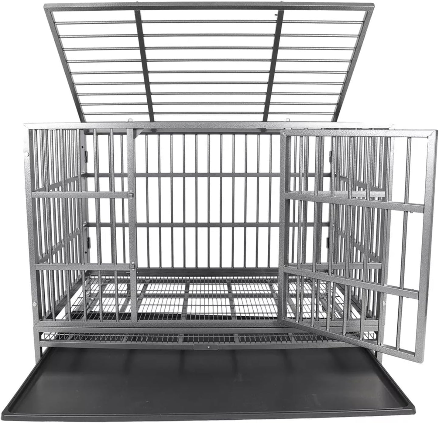 Indestructible Dog Crate Cage Kennel, 47 inches, High Anxiety Dog Crate with Removable Trays, Wheels and Double Door, for Medium and Large Dogs