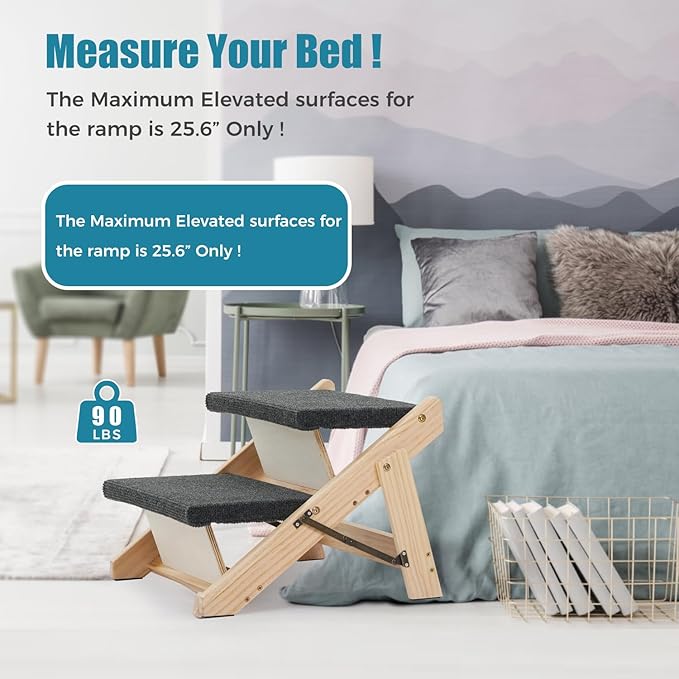 MEWANG Wood Pet Stairs & Ramp for Small/Medium Dogs and Cats, Aging Pets – 3-in-1 Foldable, Portable, Non-Slip Pet Ladder for Tall Beds, Couches,Cars–Holds Up to 220 lbs (17.3" L x 17.2" W x 13.0" H)