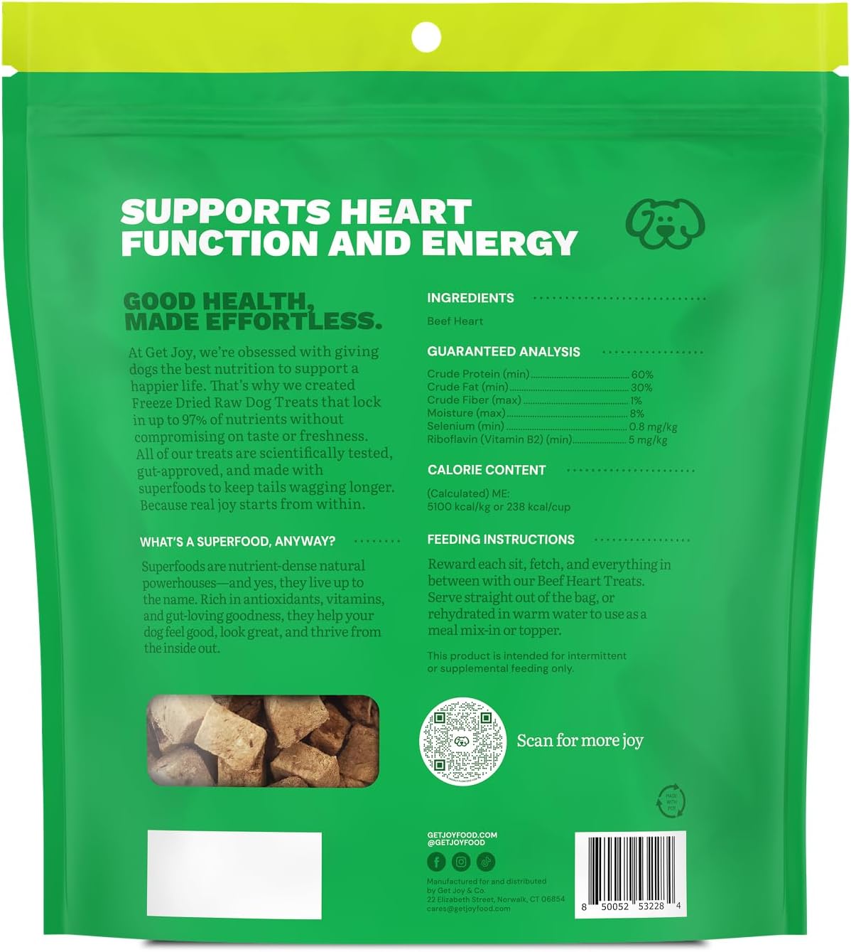 Get Joy Freeze Dried 100% Beef Heart Dog Treats, 16oz | Single Ingredient Organ Meat, High Protein Raw Dog Food Topper, Snack & Training Rewards | Grain Free, Gluten Free, Filler Free