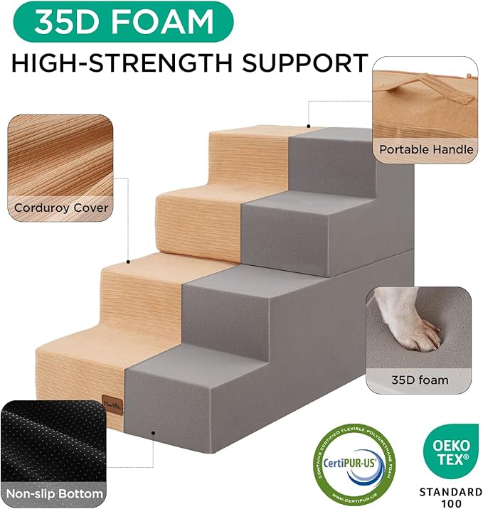 Made4Pets Dog Stairs for High Bed, Extra Wide Pet Stairs for Bed Couch Sofa, 35D Foam Pet Steps for Small Dogs and Cats, Non-Slip Bottom Dog Steps, Tan, 5 Steps