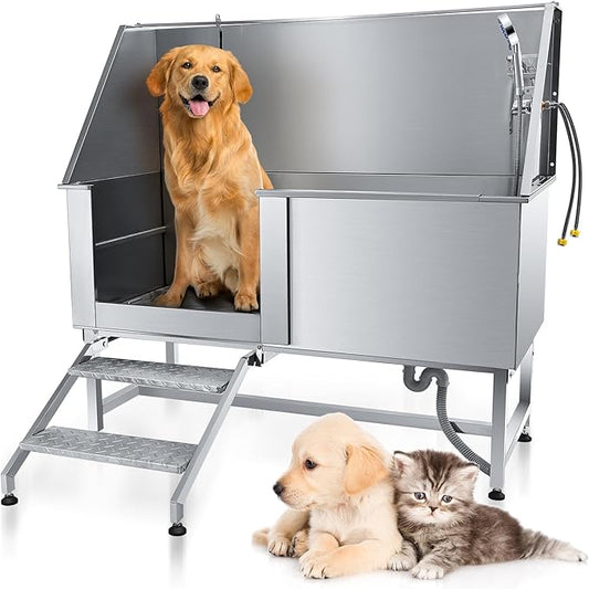 Dog Grooming Tub 62'' Dog Bathtub XL-Style Pet Bathing Tub Stainless Steel Dog Wash Station for Large Dogs Home Commercial with Faucet, Sliding Door