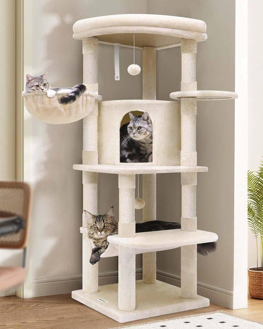 Globlazer Corner Cat Tree, 51in Curved Series Modern Cat Tower for Indoor Cats with Hammock, 7 Sisal Scratching Posts, Large Fan-Shaped Platform for Large Cats, Cat Condo & Hanging Basket, C51, Beige