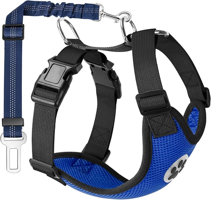 Lukovee Dog Seat Belt - Adjustable Dog Car Harness for Large, Medium & Small Dogs, Soft Padded & Breathable Mesh Dog Seatbelt with Car Vehicle Connector Strap (Blue, Medium)