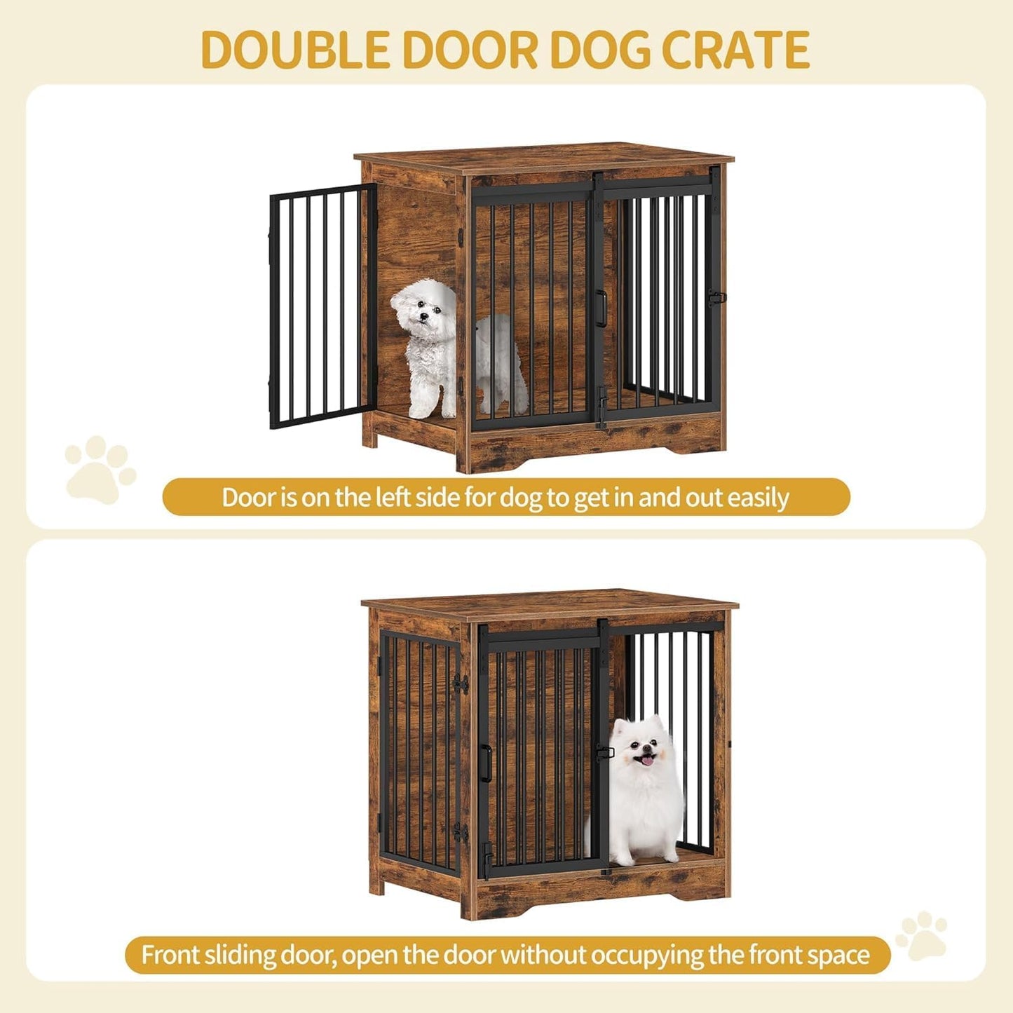 27.2" Dog Crate Furniture with Barn Door, Heavy Duty Dog Kennel Indoor with 2 Doors, Wooden Pet Cage End Table for Small Medium Dogs up to 22 lb, Anti-Chew Anti-Escape, Rustic Brown DFC84301B