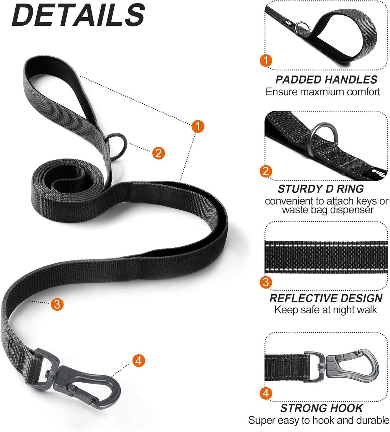 TwoEar 6FT 1IN Strong Black Dog Leash with 2 Padded Handles, Traffic Handle Extra Control, Comfortable Soft Dual Handle, Auto Lock Hook, Reflective Walking Lead for Small Medium and Large Dogs