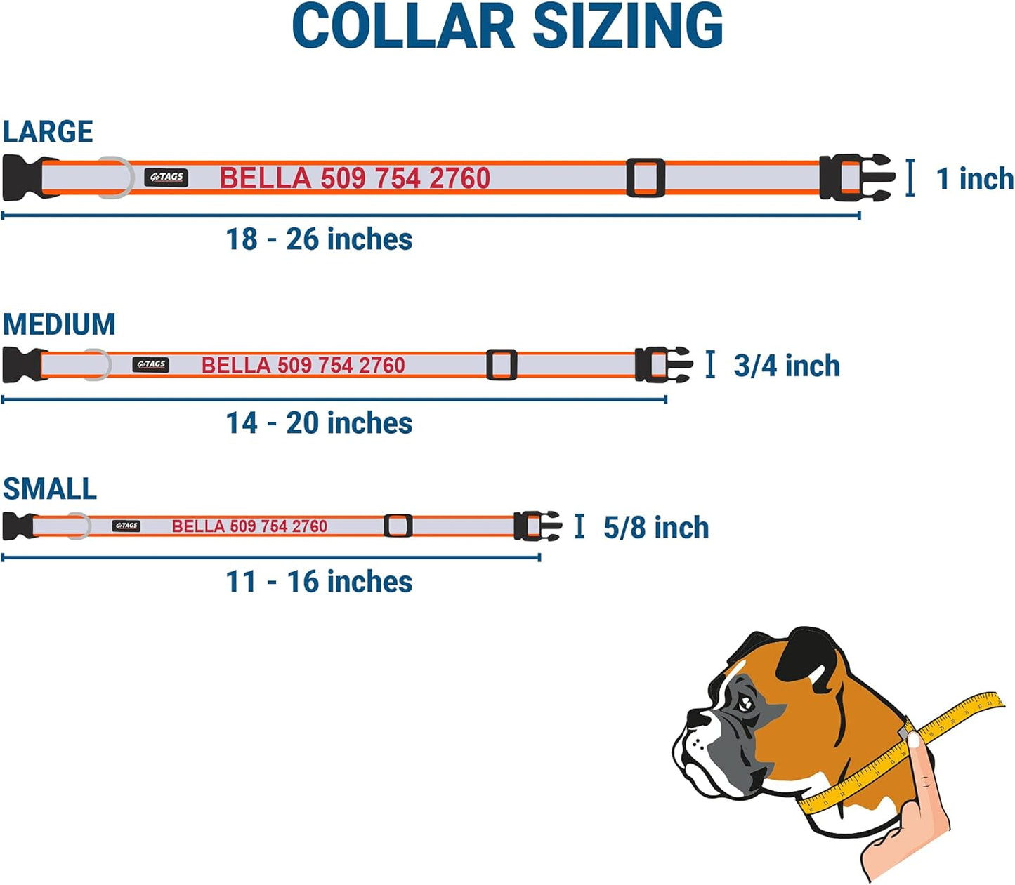 GoTags Reflective Personalized Dog Collar with Nameplate, Adjustable Dog Collar with Custom Engraved Steel Slide On Pet ID Tag, Silent, No Noise Dog Tag for Large Medium or Small (Orange, Small)