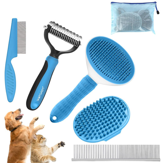 5 in 1 Dog Grooming Kit - Self-Cleaning Slicker Brush for Shedding Short Long Haired Dogs & Cats, Includes Pet Comb, Flea Comb, Bath Brush, Undercoat Rake - Complete Fur Care Set - Blue
