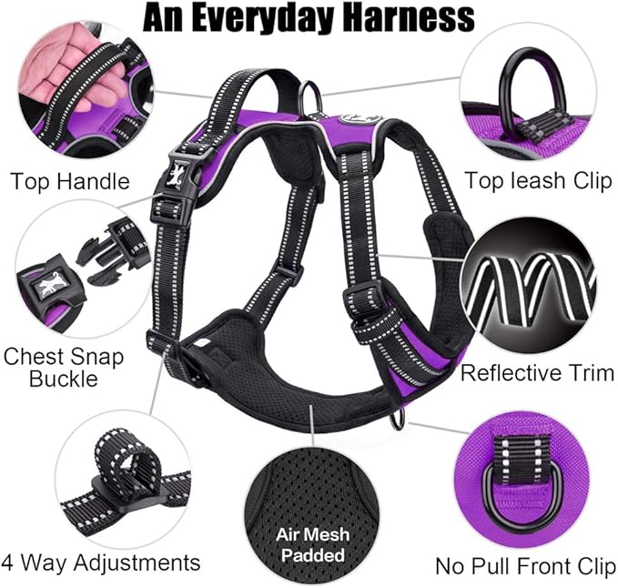 PoyPet No Pull Dog Harness, Reflective Comfortable Vest Harness with Front & Back 2 Leash Attachments and Easy Control Handle Adjustable Soft Padded Pet Vest for Small to Large Dogs (Purple,L)