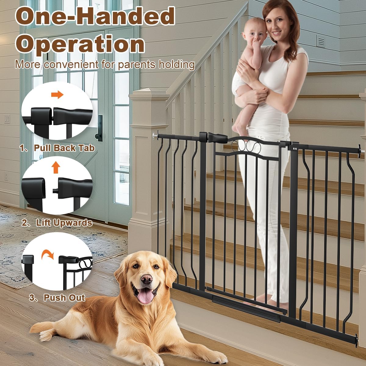 67.3-81.1" Extra Wide Baby Gate for Stairs No Drilling, 30" Tall Auto Close Press Mounted Baby Gate for Doorways, Adjustable Width Walk Through Long Gates for Kids or Pets, Black