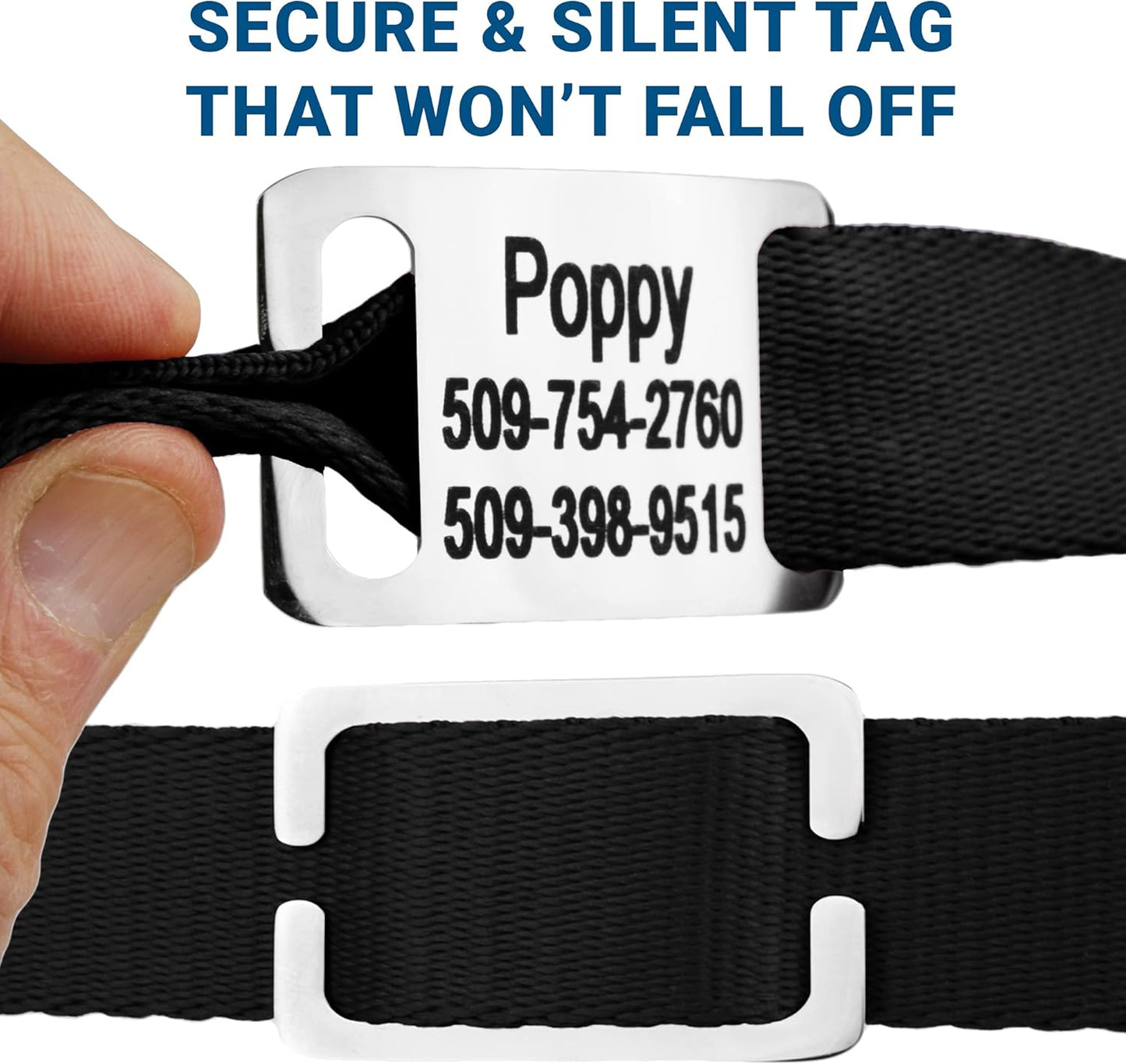 GoTags Personalized Dog Collar with Nameplate, Adjustable Dog Collar with Custom Engraved Slide On Pet ID Tag in Stainless Steel, Silent, No Noise Dog Tag for Large Medium and Small (Black, Small)