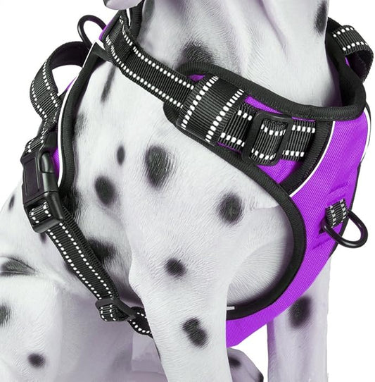 PoyPet No Pull Dog Harness, Reflective Comfortable Vest Harness with Front & Back 2 Leash Attachments and Easy Control Handle Adjustable Soft Padded Pet Vest for Small to Large Dogs (Purple,L)