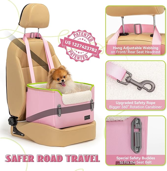 PETSFIT Small Dog Car Seat, Patent Safe Buckles Dog Booster Car Seat, Cat Car Seat with Safety Belt, Suitable for Small Pets Up to 25lbs (Pink)