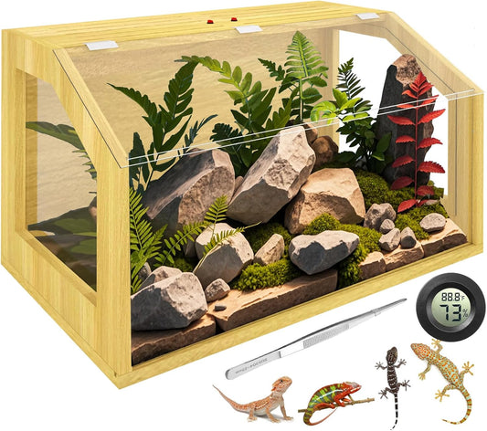 26 Gallon Reptile Terrarium Tank, Bearded Dragon, Snake Enclosure, Lockable Clear Acrylic Roof, Reptile Habitat Cage, Lizard Tank, Leopard Gecko Tank with Feeding Tongs, 24" L x 16" W x 16" H