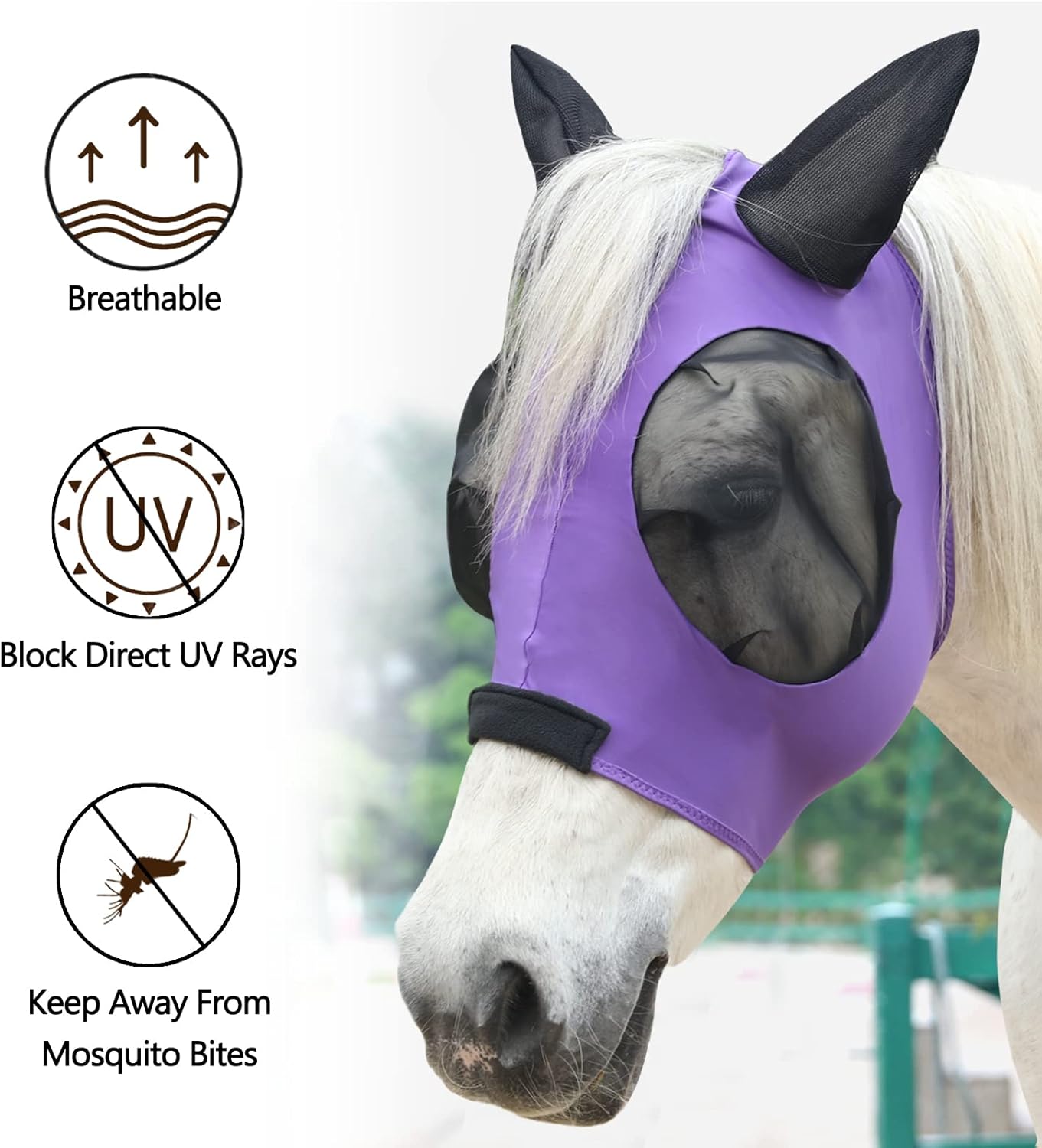 Horse Fly Mask with Ears - Large Eye Space for Full Vision, Breathable Stretch Comfort Fit, UV Protection, Forelock Opening, Easy Pull-On Violet Full