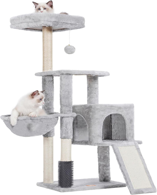 Heybly Cat Tree with Cat Self Groomer Brush, Cat Tower Condo for Indoor Cats with Padded Plush Perch, Cat House with Basket Scratching Board Post, Light Gray HCT005SW