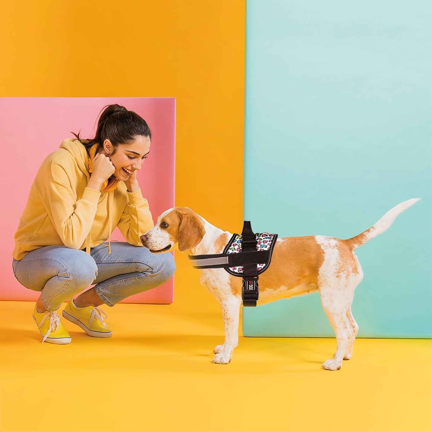 Dogline Dog Harness, Reflective No-Pull Adjustable Vest with Handle for Walking, Training, Breathable, No - Choke Harness for Small, Medium or Large Dogs Room for Patches Leopard Rainbow M 22"-28"