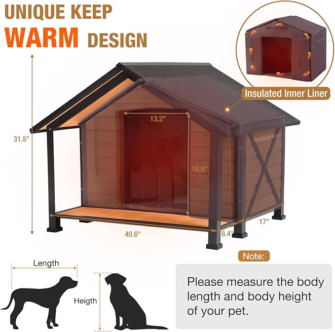 Outdoor Dog House Insulated Large Dog Kennel with Liner for Winter, Heated Dog House 100% Insulated & All-Around Iron Frame