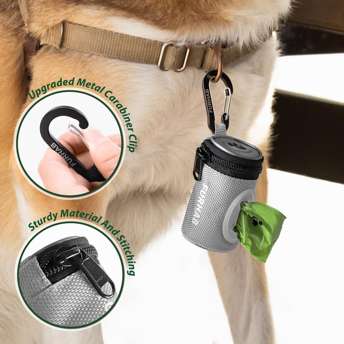 Glow Dog Poop Bag Holder for Leash Doggie Waste Bag Dispenser Puppy Potty Carrier Small Doggy Zipper Pouch with Carabiner Clip 1680D Nylon Oxford with 1 Roll of Pet Trash Bags, Silver