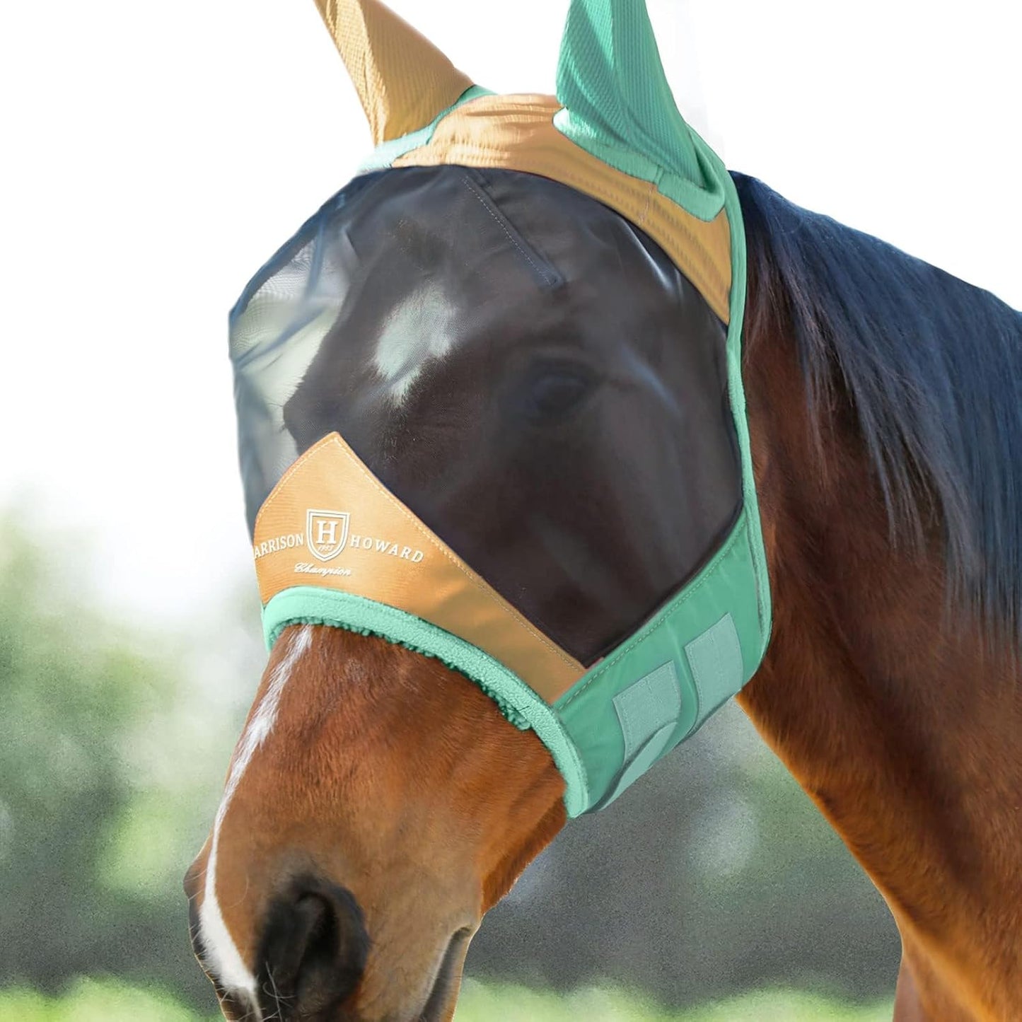 Harrison Howard Pro Luminous Horse Fly Mask Standard with Ears UV Protection for Horse Champagne Gold/Mint Large Full Size