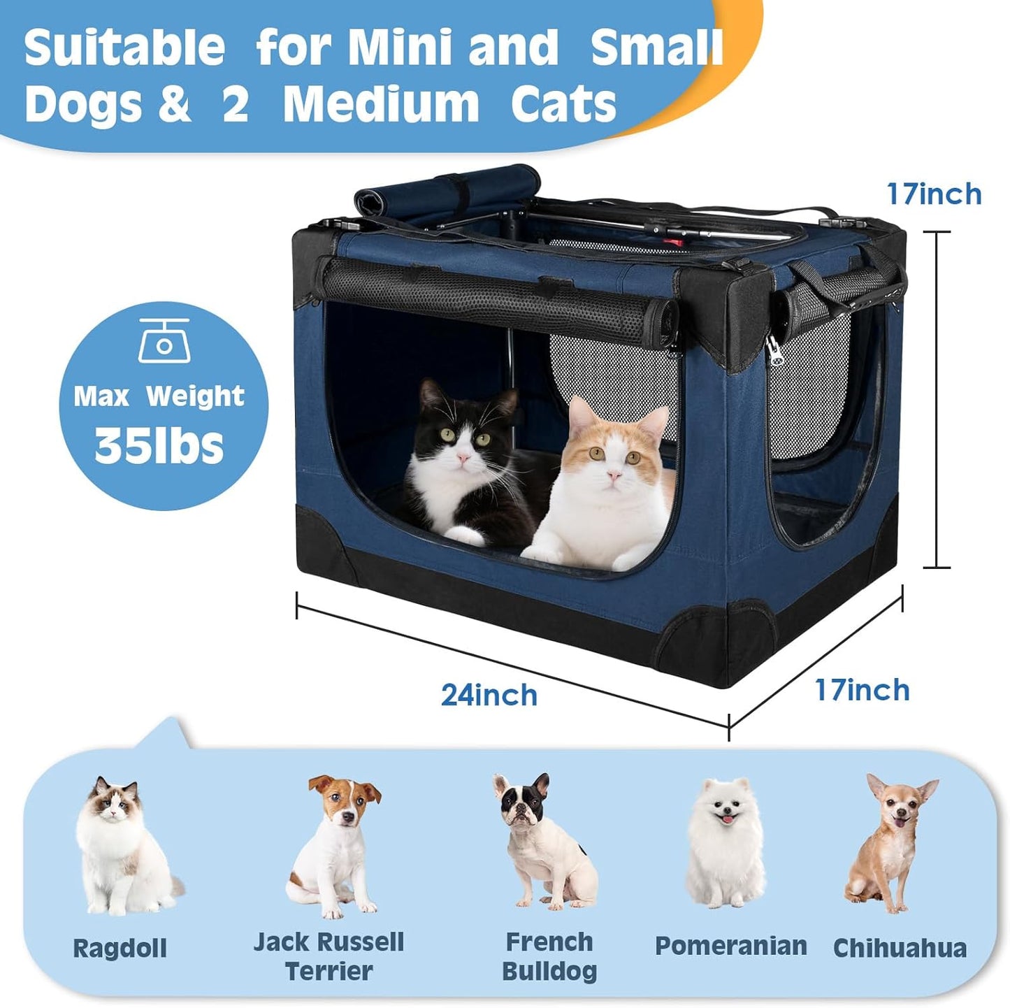 24 inch Small Dog Crate - for Small Dogs, Portable Travel Pet Crate with 4 Mesh Doors, Foldable Car Kennel for Puppy with Handle for Indoor and Outdoor, Bule