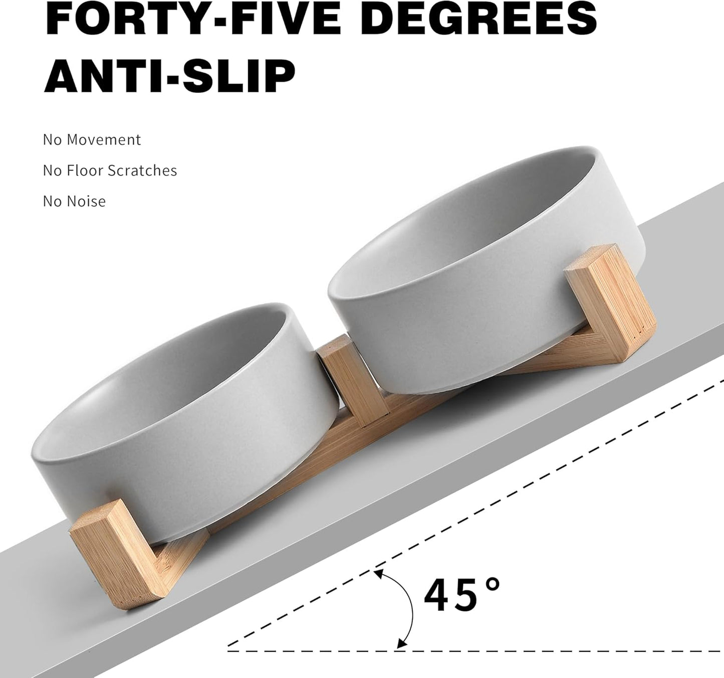 Grey Ceramic Dog & Cat Bowl Set – 13.5 OZ with Wooden Stand, Non-Slip, Elevated Design for Small Dogs & Cats – 2 Bowls (Food & Water, Ceramic Pet Bowls, Modern Dog Bowls)