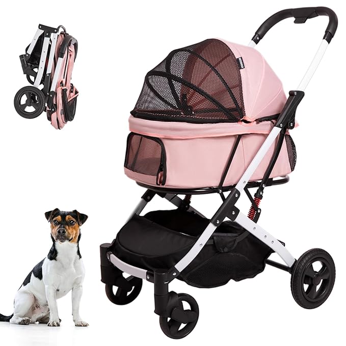 Pet Stroller for Medium Small Dog & Cat, Foldable Lightweight Dog Stroller with Storage Basket Pet Travel Carriage with Safety Leashes, 4 Wheel, Pink