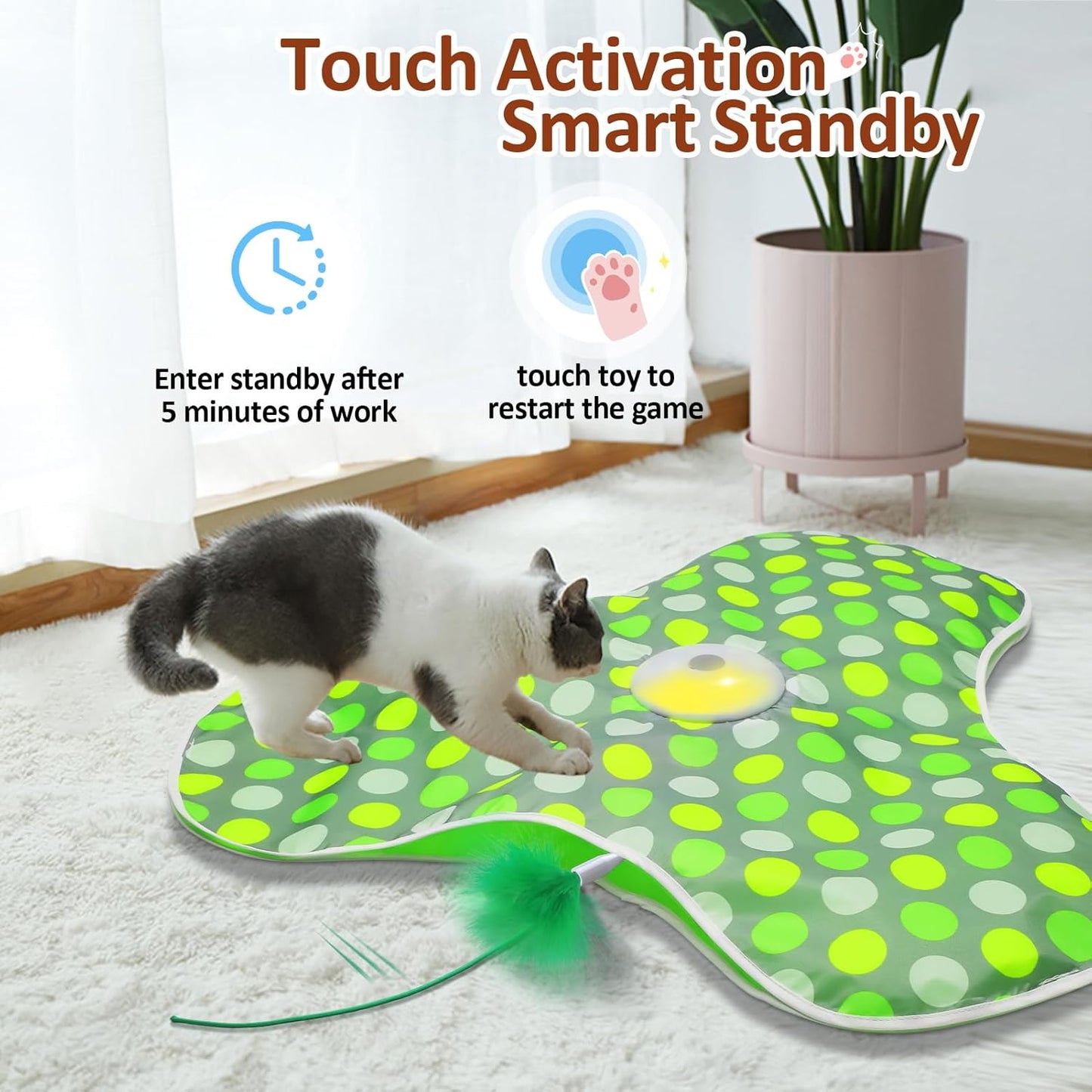 Interactive Cat Toy, Automatic Cat Toys for Indoor Cats, Hide and Seek Cat Toy with Motion Activated, Moving Feather, Chirping, USB Rechargeable