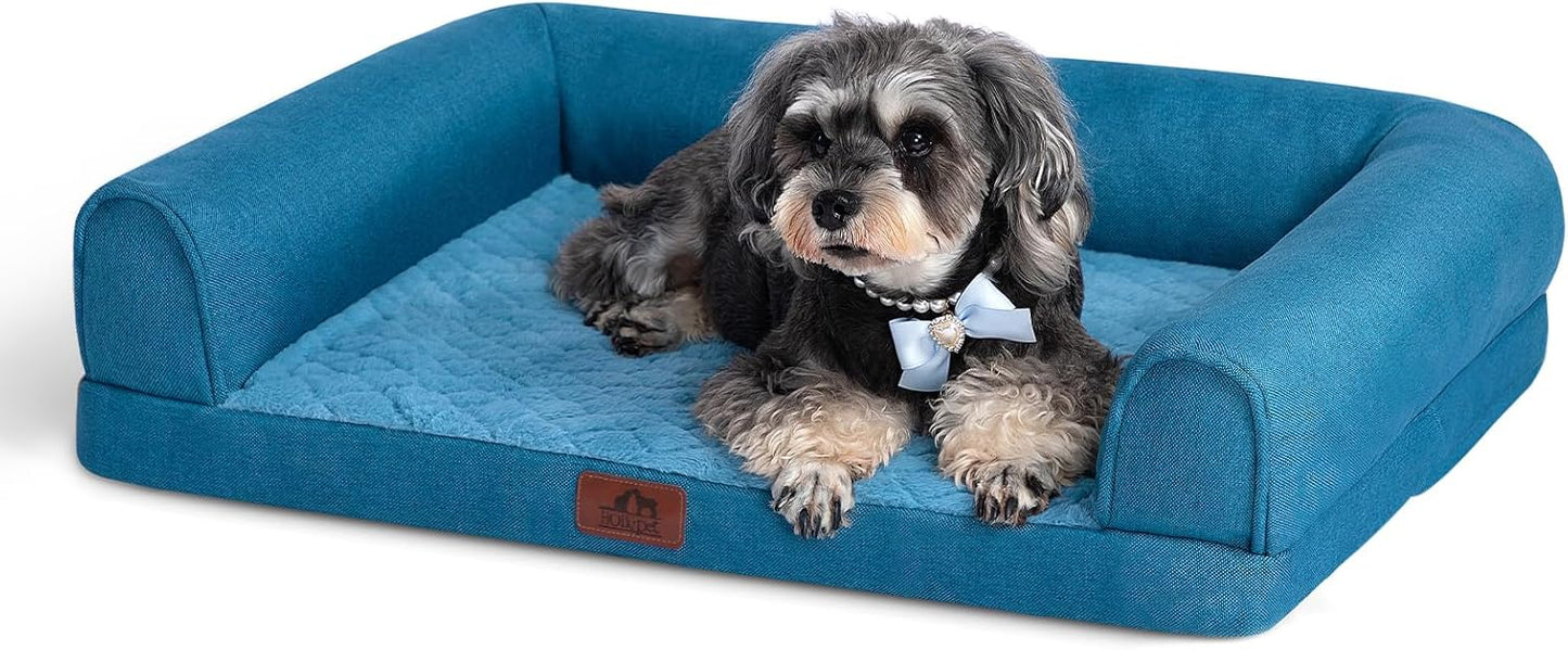 Hollypet Orthopedic Dog Bed for Medium Dogs, Supportive Foam Pet Couch with Removable Washable Cover and Non-Slip Bottom, Waterproof Lining Dog Sofa Bed, Blue, M (28 * 22.5 * 7.5)